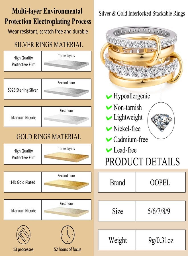 OOOPEL Gold Interlocking Stackable Rings for Women Non Tarnish Dainty Gold Silver Mixed Metals Stackable Interlocked Ring Set Minimalist Statement Rings for Women Hypoallergenic Jewelry Gifts - Image 3